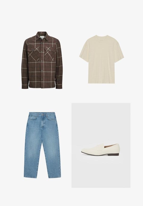 Brūns škots flaneles krekls ar pogu priekšā, divām krūšu kabatām un kontrastējošām krēmkrāsas un tumšām līnijām, ar klasisku apkakles dizainu.; Kremkrāsas īso piedurkņu t-krekls ar smalku svītrotu tekstūru un apaļu kakla izgriezumu, izgatavots no viegla auduma.; Gaiši zili denim auduma platgala bikses ar augstu jostasvietu, ar piecām kabatām, jostu cilpām un mīkstu, nedaudz nodilušu tekstūru.; Gai bēša kurpes ar smailu pirkstu, gludu materiālu, siksnu pāri pēdas daļai un zemu brūnu zoli. Vienkāršs dizains ar minimāliem akcentiem.