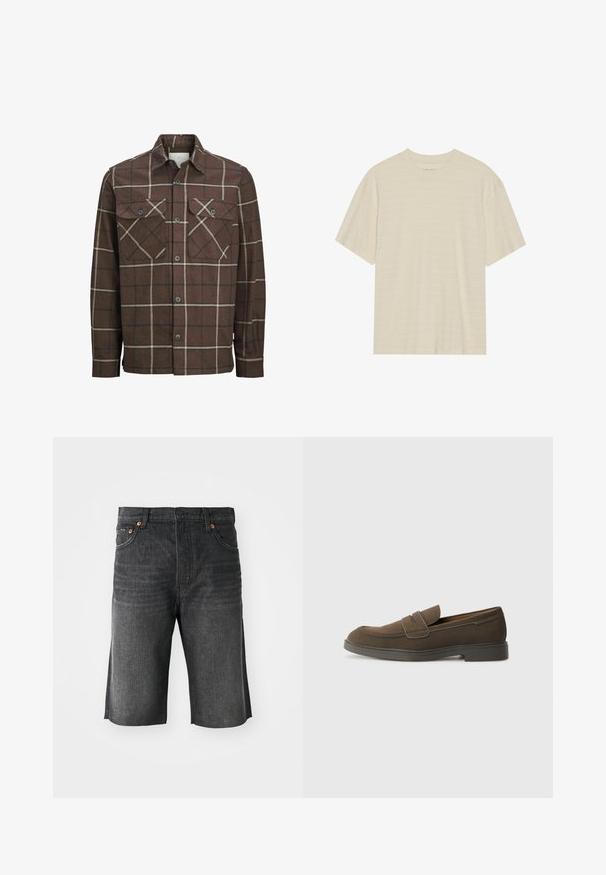 Rudas languotas flanelinis marškiniais su mygtukų uždarymu priekyje, dviem krūtinės kišenėmis ir kontrastingomis kremine ir tamsiomis linijomis, turintis klasikinio tipo apykaklę.; Kreminės spalvos trumpa rankovė marškinėliai su subtiliu dryžuotu tekstūru ir apvaliu iškirpimu, pagaminti iš lengvo audinio.; Tamsiai pilki džinsiniai šortai su tiesiu kirpimu, penkiomis kišenėmis ir oranžiniu siūlu priekyje. Šlaunų kraštai tvarkingai apdirbti.; Rudos suede loaferiai su apvaliu nosiu, juostele per vampą ir plokščiu guminio pado. Paprastas dizainas su švariomis linijomis ir minimaliu detalizavimu.