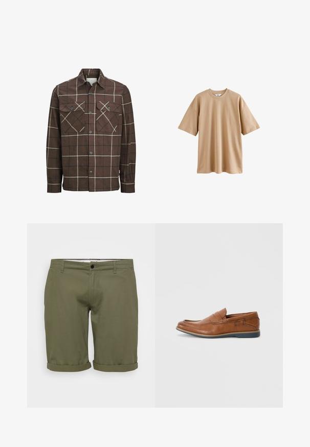 Chemise en flanelle à carreaux bruns avec un devant à boutons, deux poches poitrine, et des lignes contrastantes crème et foncées, avec un design de col classique.; T-shirt beige à manches courtes en coton avec un col rond et une coupe décontractée, présentant une texture lisse sans motifs ni accents.; Shorts vert olive avec une texture lisse, ourlets retroussés, bouton à la taille avant et poches latérales. Design simple et ajusté pour un look décontracté.; Mocassins en cuir marron avec un bout rond, des accents cousus et une semelle en caoutchouc basse. Le design présente une bandoulière sur le haut.