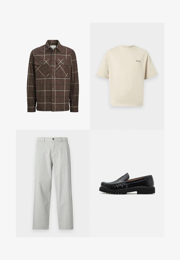 Barna kockás flaneling, gombos elülső résszel, két mellzsebbel, kontrasztos krém és sötét csíkokkal, klasszikus galléros kivitelben.; Beige pamut póló rövid ujjakkal, kerek nyakkivágással és egy kis "SELECTED" logóval a bal mellrészen. Sima textúra.; Világosszürke, egyenes szárú nadrág sima, szőtt anyagból. Elöl gombos záródással és oldalsó zsebekkel rendelkezik. Minimalista stílus.; Fekete bőr mokaszin kerek orral, texturált varrással és gumi talppal, kiemelkedő barázdákkal, amelyek biztosítják a tapadást és a tartósságot.