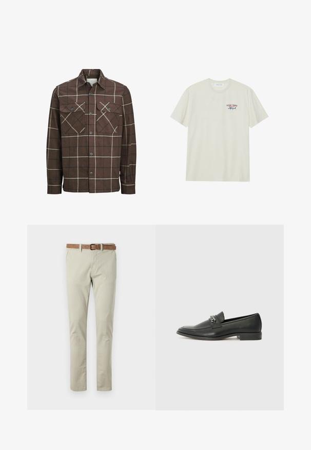 Brown plaid flannel shirt with a button-up front, two chest pockets, and contrasting cream and dark lines, featuring a classic collar design.; Light cream cotton t-shirt with short sleeves. Features a small blue and red graphic of a marlin and "MARLIN TROPHY" text.; Beige cotton chinos with a straight leg cut. Features a brown leather belt, belt loops, and standard front and back pockets.; Black leather loafer with a smooth finish, featuring a stitched design and a decorative metal chain accent across the vamp. Flat heel.