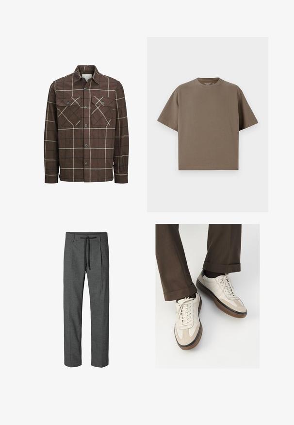 Chemise en flanelle à carreaux bruns avec un devant à boutons, deux poches poitrine, et des lignes contrastantes crème et foncées, avec un design de col classique.; T-shirt marron à manches courtes en tissu doux avec encolure ronde. Présente une coupe décontractée et des détails de ourlet simples.; Pantalons gris ajustés à motif texturé, avec une taille élastique et deux poches latérales. Conception à jambes droites, sans ourlets.; Baskets beiges avec un devant en suède texturé, côtés en cuir lisse et semelle en caoutchouc brun. Lacets et détails de couture légère inclus.