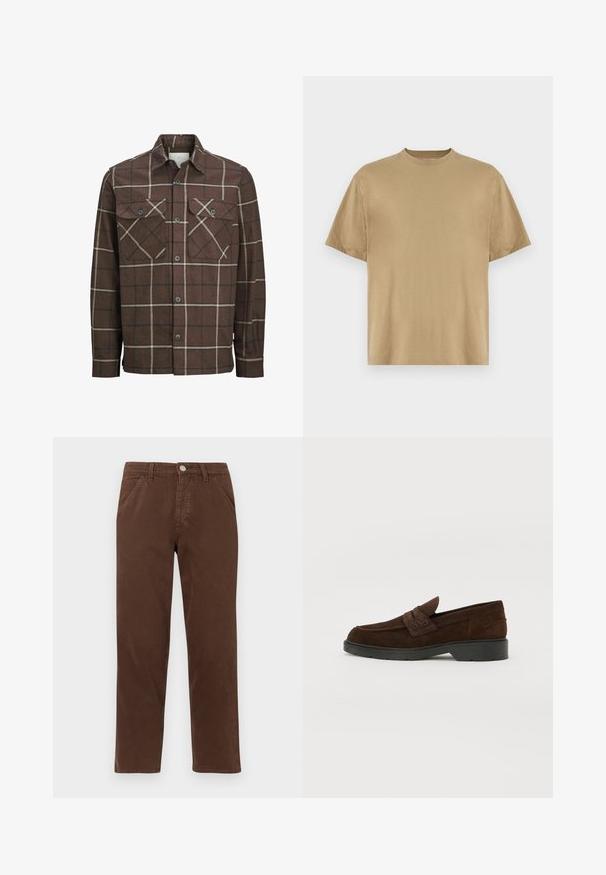 Hnedá károvaná flanelová košeľa s gombíkovým zapínaním vpredu, dvoma prednými vreckami a kontrastnými krémovými a tmavými pásikmi, pričom obsahuje klasický dizajn goliera.; Khaki tričko s krátkym rukávom vyrobené z mäkkého materiálu, s okrúhlym výstrihom a voľným strihom. Žiadne vzory ani grafiky nie sú viditeľné.; Hnedé bavlnené nohavice s rovnými nohavicami, prednými vreckami a kovovým zapínaním na gombík. Majú hladkú textúru a minimalistický dizajn.; Hnedé semišové mokasíny s okrúhlou špičkou a pevným čiernym gumovým podošvou. Obsahujú dekoratívny pásik a prešívanie na vrchnej časti.