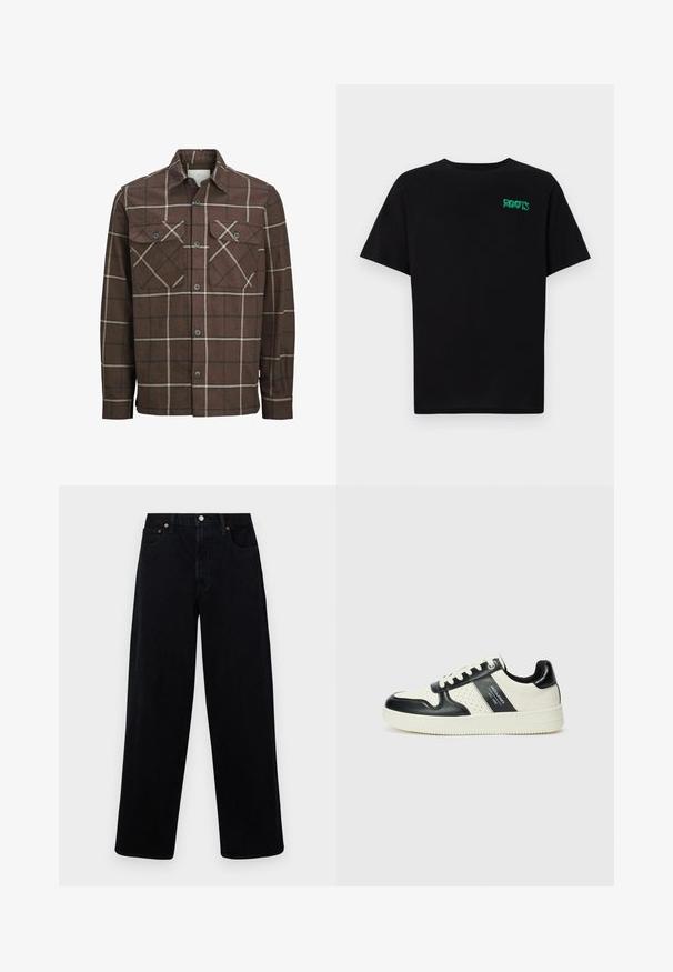 Barna kockás flaneling, gombos elülső résszel, két mellzsebbel, kontrasztos krém és sötét csíkokkal, klasszikus galléros kivitelben.; Fekete, pamutból készült póló rövid ujjakkal. Elöl zöld "ROOTS" logóval, kerek nyakkivágással és normál szabással.; Abercrombie & Fitch Túlméretezett farmernadrág - black; Fekete és krém színű bőrsneaker, perforált díszítésekkel, párnázott bokapánttal és texturált talppal.