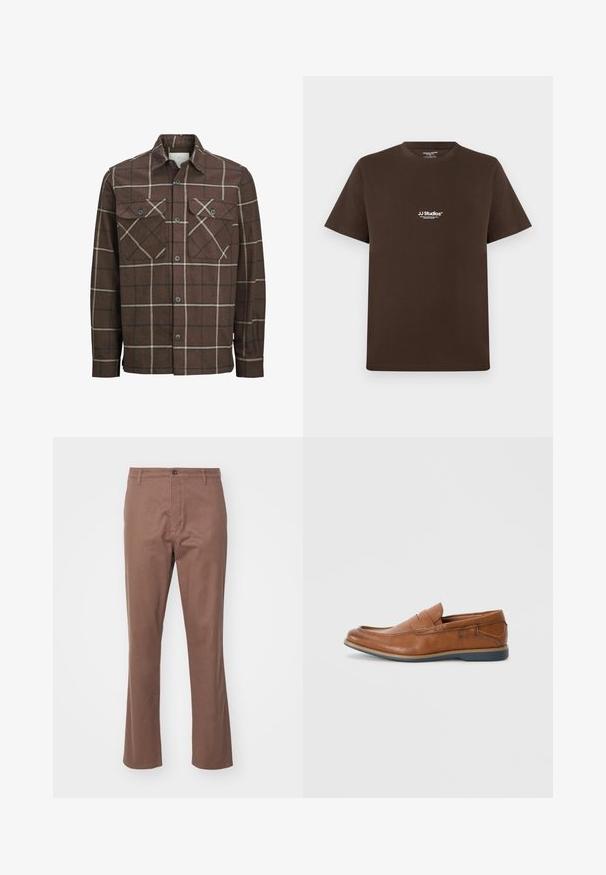 Bruin geruite flanellen shirt met een knoopsluiting aan de voorkant, twee borstzakken en tegenstelling van crèmekleurige en donkere lijnen, met een klassiek kraagontwerp.; Bruine katoenen t-shirt met korte mouwen, ronde hals en een klein wit logo op de borst. Soepele textuur en regular fit.; DOCKERS ORIGINAL SLIM - Chino - coffee quartz; Bruine leren instappers met een ronde neus, gestikte details en een lage rubberen zool. Het ontwerp heeft een band over de bovenkant.