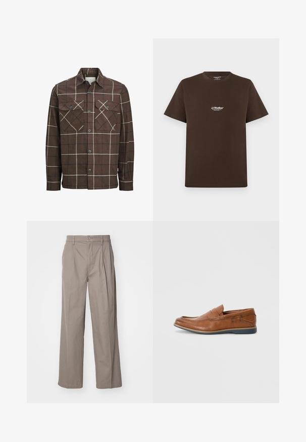 Chemise en flanelle à carreaux bruns avec un devant à boutons, deux poches poitrine, et des lignes contrastantes crème et foncées, avec un design de col classique.; T-shirt en coton marron à manches courtes, col rond et petit logo blanc sur la poitrine. Texture lisse et coupe standard.; Pantalons larges beiges en mélange de coton, avec des plis et une fermeture à bouton. Texture lisse avec des ourlets cousus.; Mocassins en cuir marron avec un bout rond, des accents cousus et une semelle en caoutchouc basse. Le design présente une bandoulière sur le haut.