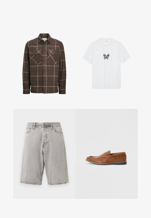 Brun rutig flanellskjorta med knäppning fram, två bröstfickor och kontrasterande krämfärgade och mörka linjer, med en klassisk kragdesign.; Vit bomulls-t-shirt med kort ärm och rund hals. Har en central svart flamma-mönstrad fjärilsgrafik. Slät textur.; Grå denim shorts med avslappnad passform, hög midja, fem fickor och synlig söm, som ger en texturerad finish.; Bruna läder loafers med rund tå, sydda accenter och en låg gummisula. Designen har ett band över framsidan.