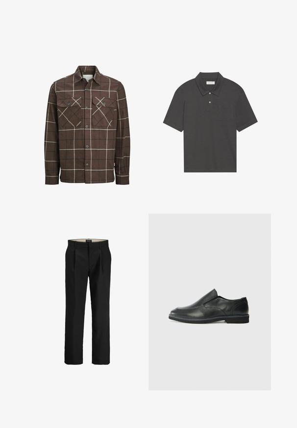 Cămașă din flanel cu carouri maro, cu deschidere în față cu nasturi, două buzunare pe piept și linii contrastante crem și închise, având un design clasic al gulerului.; Cămașă polo gri închis cu guler tradițional, închidere cu trei nasturi, mâneci scurte și buzunar pe partea stângă a pieptului. Textură de țesătură netedă.; Pantaloni negri adaptați, cu față dreaptă, două buzunare laterale, o textură netedă și o croială dreaptă. Include bucle pentru cureaua, pentru un plus de stil.; Pantof de piele neagră, tip slip-on, cu un superior neted, accente cusute, vârf rotunjit și un toc jos din cauciuc. Talpa are un profil minim de aderență.