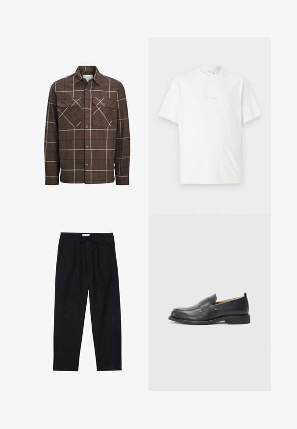Smešasta smeđa flanel košulja s dugmadi sprijeda, dvije prednje džepove i kontrastne krem i tamne linije, sa klasičnim dizajnom ovratnika.; Bijela pamučna majica s okruglim izrezom, kratkim rukavima i malim otisnutim logom sprijeda. Glatka tekstura i opušteni kroj.; Pier One Chino hlače - black; Crne kožne mokasine s glatkom površinom, ravnim đonom i zaobljenim prstima, s dekorativnom trakom preko gornjeg dijela.
