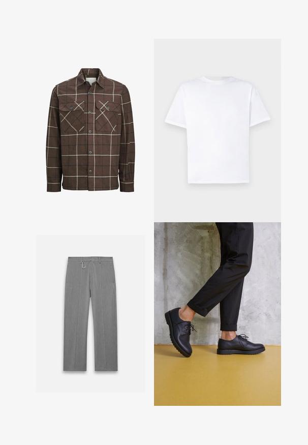 Brown plaid flannel shirt with a button-up front, two chest pockets, and contrasting cream and dark lines, featuring a classic collar design.; White cotton t-shirt with a crew neck and short sleeves. Smooth texture, straight cut, no patterns or accents. Back view only.; Gray tailored pants with a textured finish. Features a front zipper, side pockets, and a silver hardware accent. Straight-leg design.; Black leather lace-up shoes with a rounded toe, textured surface, and thick rubber sole. Worn with rolled black trousers against a concrete background.