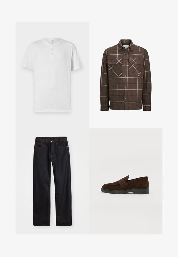 Pruun ruuduline flanellist särk, millel on nööbid ees, kaks rinna taskut ja kontrastsed kreemja ja tumeda joonega, klassikalise krae kujundusega.; Valge lühikeste varrukatega henley t-särk kolme nupuga, valmistatud kergetest, kergelt tekstureeritud kangast. Ümmargune kaelus, juhuslik lõige.; Meeste sirge jala mustad denim teksad viie taskuga, oranž õmblus, nupu ja tõmblukuga ees nagu vöökoht.; Pruunist nahast lõuendiga madalad kingad, ümmarguse varbaga ja tugeva musta kummitaldaga. Ees on dekoratiivne rihm ja õmblused.
