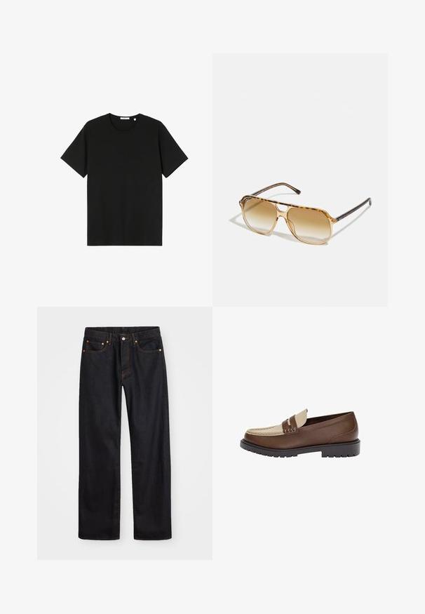 Brun rutig flanellskjorta med knäppning fram, två bröstfickor och kontrasterande krämfärgade och mörka linjer, med en klassisk kragdesign.; Svart kortärmad t-shirt i bomull. Rund halsringning, avslappnad passform, slät textur och inga synliga mönster eller grafik.; Svart denimjeans för män med rak passform, fem fickor och orangea sömmar, med knäppning och dragkedja fram i midjan.; Brun läderloafers med en beige läderdetalj och sömnadsdetaljer. Har en låg, texturerad svart sula och en klassisk design.; Sköldpaddsögon med rektangulär ram, bruna gradientlinser och slanka svarta glasögonarmar med subtila logotypdetaljer.