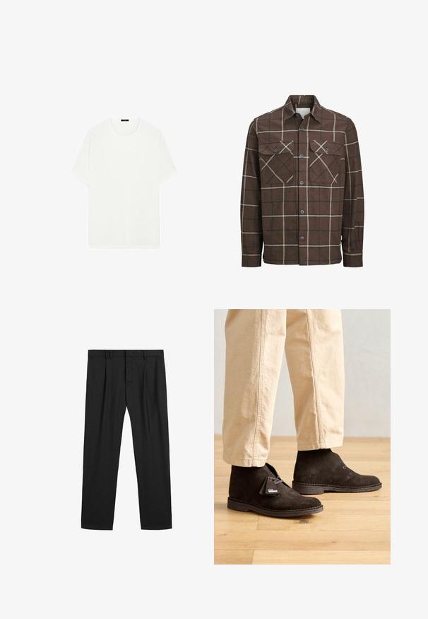 Brunternet flannel skjorte med knaplukning foran, to brystlommer og kontrasterende creme og mørke linjer, med et klassisk kravedesign.; Hvid kortærmet t-shirt lavet af blødt stof. Har en klassisk rund halsudskæring og en lige pasform, uden synlige mønstre eller accenter.; Sorte plisserede bukser lavet af et glat stof, med en traditionel talje og lige ben design. Ingen synlige mønstre eller hardware.; Brune suede ankelstøvler med rund tå, snørebåndsdesign og logodetalje. Stylet med lyse beige opsmøgede bukser på et trægulv.