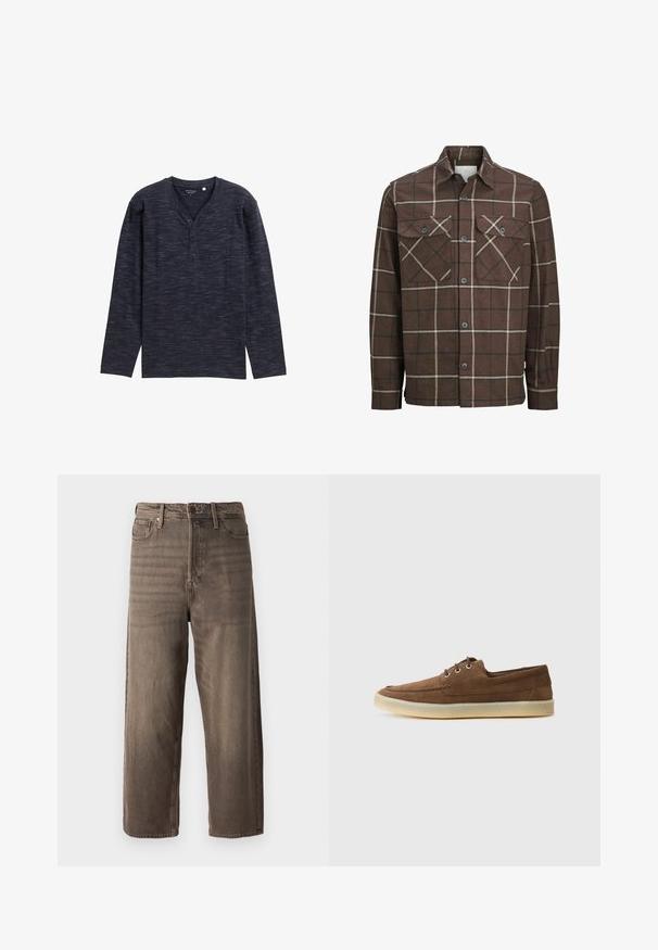 Hnedá károvaná flanelová košeľa s gombíkovým zapínaním vpredu, dvoma prednými vreckami a kontrastnými krémovými a tmavými pásikmi, pričom obsahuje klasický dizajn goliera.; Dlhý rukáv, tmavomodré henley tričko s textúrovaným vzorom, s výstrihom do V a päticou troch gombíkov. Hladká tkanina.; Hnedé široké džínsy vyrobené z denimu. Obsahujú zips, pútka na opasok a päť vreciek. Materiál vykazuje vyblednutý, textúrovaný vzhľad.; Hnedé semišové topánky s nízkym profilom, šnurovací dizajn, gumená podrážka a kontrastné šitie. Jednoduchý a funkčný štýl.