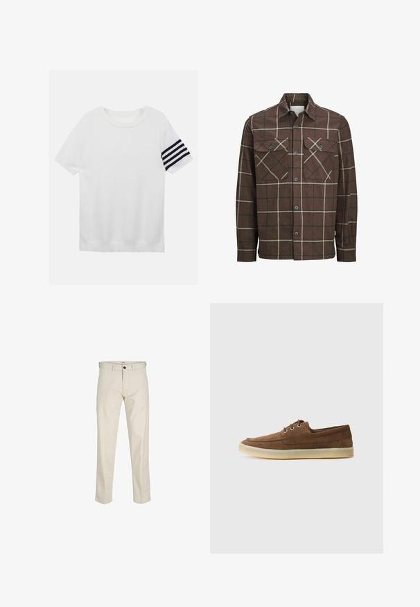 Pruun ruuduline flanellist särk, millel on nööbid ees, kaks rinna taskut ja kontrastsed kreemja ja tumeda joonega, klassikalise krae kujundusega.; Valge lühikeste varrukatega kudum T-särk, millel on sooniktekstuur ja must riba detail vasakul varrukal. Ümar kaelus, mugav lõige.; Beeži puuvillased püksid sirge lõikega, nööpidega lukuga, ees taskud ja õmmeldud õmblused. Sile tekstuur, minimaalne disain ja ilma mustriteta.; Pruunid nahast kingad, madala profiiliga, nööbitava disainiga, kummist tallaga ja kontrastsete õmblustega. Lihtne ja funktsionaalne stiil.