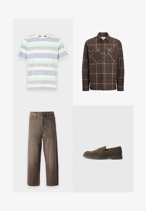 Hnědá kostkovaná flanelová košile s knoflíkovým zapínáním vpředu, dvěma náprsními kapsami a kontrastními krémovými a tmavými pruhy, s klasickým límečkem.; Pruhované tričko v bílé barvě, s vodorovnými pruhy v světlé modré, mátově zelené, šedé a tmavě modré. Krátké rukávy a kulatý výstřih.; Hnědé široké džíny vyrobené z denimu. Mají zip, poutka na opasek a pět kapes. Látka má vybledlý, texturovaný vzhled.; Hnědé semišové loafer boty s kulatou špičkou, páskem přes nárt a plochou gumovou podrážkou. Jednoduchý design s čistými liniemi a minimálním zdobením.
