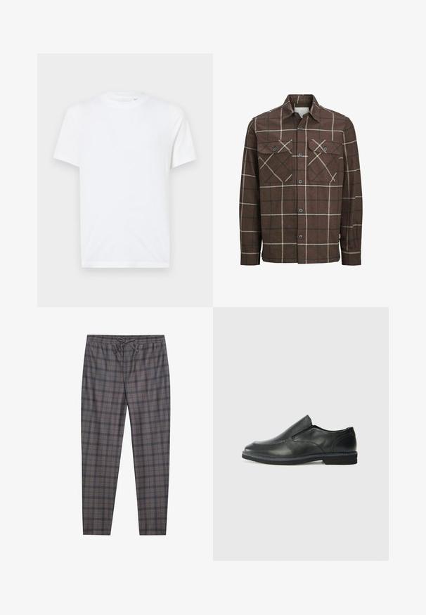 Pruun ruuduline flanellist särk, millel on nööbid ees, kaks rinna taskut ja kontrastsed kreemja ja tumeda joonega, klassikalise krae kujundusega.; Valge puuvillane T-särk ümarate kaelustega ja lühikeste varrukatega. Vasakul rinnal on väike reljeefne logo. Sile tekstuur.; Hallid hallid teksad elastse vöökoha ja paelaga. Materjal näib olevat pehme, kerge tekstuuriga ning mustade joontega mustris.; Must musta laia suuga king, millel on sile ülemine osa, õmmeldud detailid, ümmargune nina ja madal kummist konts. Tallal on minimaalne mustr.