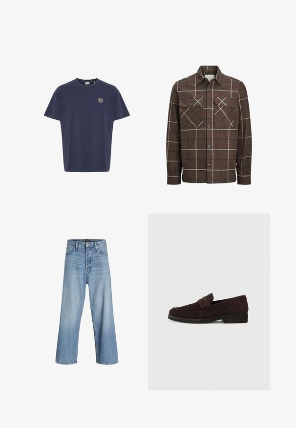 Brunternet flannel skjorte med knaplukning foran, to brystlommer og kontrasterende creme og mørke linjer, med et klassisk kravedesign.; Marineblå bomulds t-shirt, korte ærmer, rund halsudskæring, med et lille sol-emblem i guld på venstre brystområde. Klassisk lige pasform.; Lyseblå vidde jeans lavet af denim, med høj talje, klassisk fem-lomme design, og knaplukning med lynlås.; Brune ruskinds loafers med lav profil og rund tå. Har en dekorativ rem over det øverste, flad gummisål og ingen synlig syning.