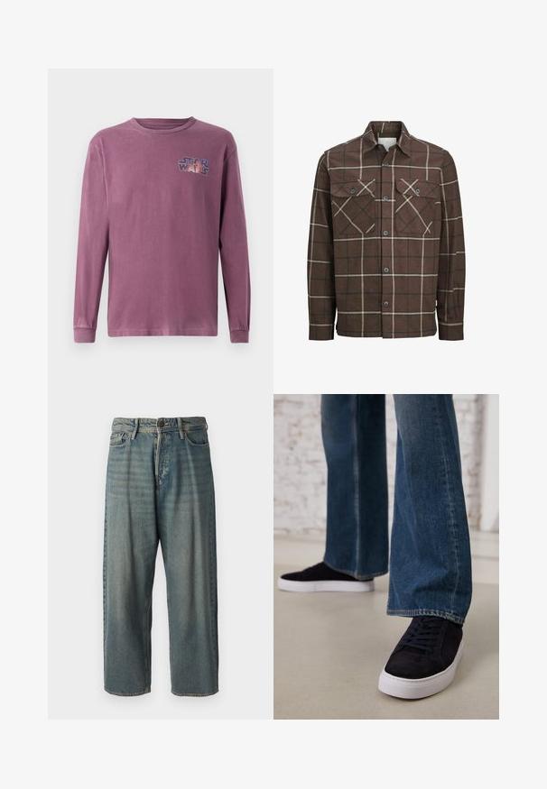 Brūns škots flaneles krekls ar pogu priekšā, divām krūšu kabatām un kontrastējošām krēmkrāsas un tumšām līnijām, ar klasisku apkakles dizainu.; Ilgi piedurkņu, apaļas kakla T-krekls izbalinātā violetā kokvilnā ar "Zvaigžņu kari" logo krāsainā dizainā, kas izdrukāts kreisajā krūtīs.; Gaiši zili džinsi ar brīvu piegriezumu, vidējo jostas augstumu un taisnām kājām. Satur piecas kabatas, jostas cilpas un pogu aizdari.; Tumši zilas zamšādas sporta kurpes ar baltu gumijas zoli un šņorēm, apvienotas ar platām kājām džinsu biksēm vidēji zila nomazgātā tonī.