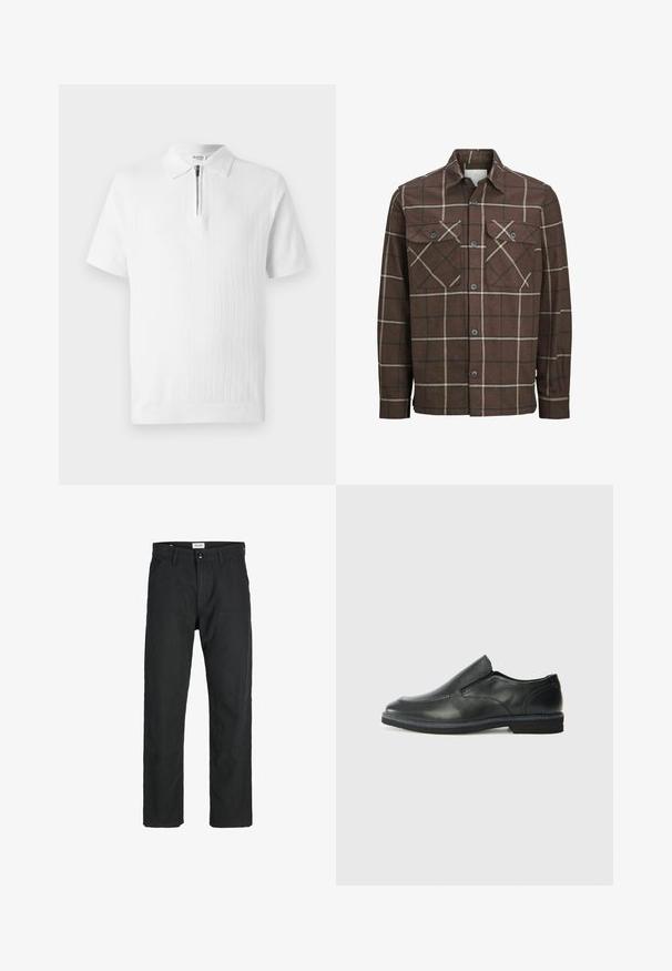 Barna kockás flaneling, gombos elülső résszel, két mellzsebbel, kontrasztos krém és sötét csíkokkal, klasszikus galléros kivitelben.; Fehér, rövid ujjú pólóing texturált kötésből, cipzáros gallérral és bordázott szegéllyel. Tisztán megtervezett, alkalmi viseletre alkalmas.; Fekete nadrág tartós anyagból, egyenes szárú kialakítással, varrott díszítésekkel és két elülső zsebbel a funkciók érdekében.; Fekete bőr, slip-on cipő sima felsőrésszel, varrott díszítéssel, lekerekített orral és alacsony gumitalppal. A talpa minimális bordázattal rendelkezik.