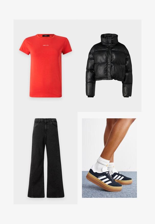 Schwarze, kurz geschnittene Puffjacke aus glänzendem Synthetikmaterial, mit hohem Kragen, Knopfleiste und gerippten Bündchen.; Replay LOGO - T-Shirt basic - red; Hochtaillierte schwarze Jeans aus Denim mit weitem Bein, ausgestattet mit Fronttaschen und einem Knopfverschluss an der Taille.; Schwarze Wildledersneaker mit weißen Streifen und Akzenten, rundlicher Zehenbereich, Sohlen aus braunem Gummi, kombiniert mit weißen, gerippten Sneakersocken.