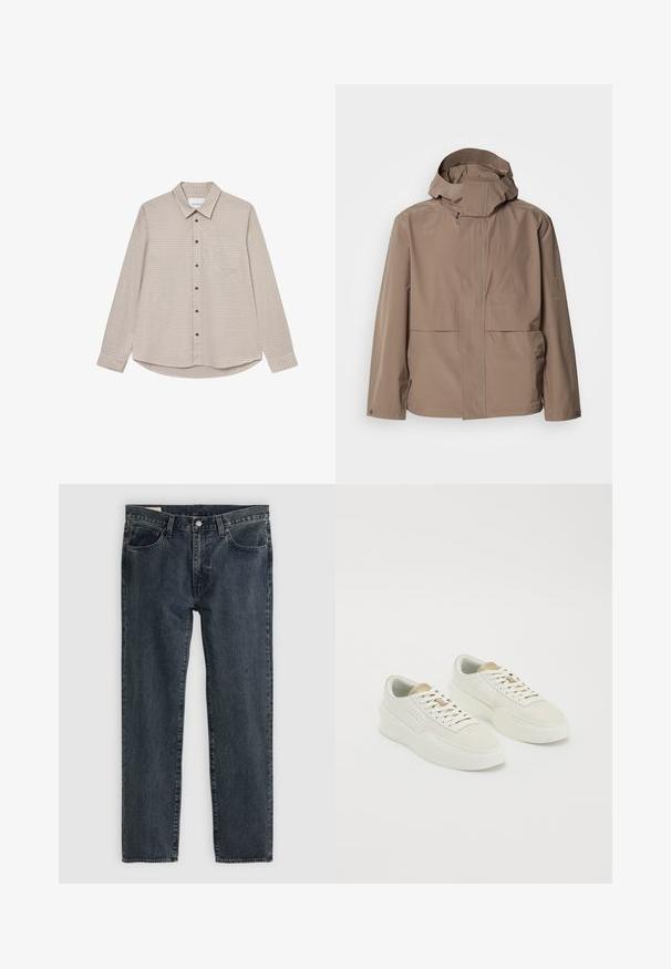 Hnedá nepremokavá bunda s vysokým golierom a nastaviteľnou kapucňou. Obsahuje dve predné vrecká a diskrétne logo na ľavej strane.; Hnedá a béžová károvaná košeľa s dlhým rukávom, s golierom na gombíky, prednou vreckom a hnedými gombíkmi, s mierne zakriveným lemom.; Tmavomodré džínsy so rovnými nohavicami, piatimi vreckami a zapínaním na gombíky. Tkanina vykazuje jemné vyblednutie a textúru.; Pár off-white nízkopriedkových tenisiek s béžovými akcentmi, hrubými podrážkami a bielymi šnúrkami na jednofarebnom bielom pozadí.