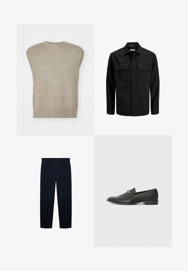 Sort skjorte med knapper lavet af uldblanding, med krave, to brystlommer med klapper og et lige snit.; Strikket ærmeløs sweater i lys beige, med rund hals, ribbestrikket kant og enkelt design med glat tekstur.; Marineblå, flade bukser lavet af letvægtsstof med en glat tekstur; har en knaplukning og to sidelommer.; Sorte læder loafers med en glat finish, der har et syet design og et dekorativt metal kædeaccent hen over vamps. Flad hæl.