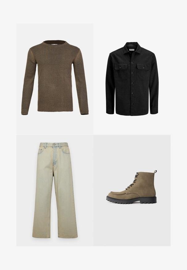 Chemise noire boutonnée en mélange de laine, dotée d'un col, de deux poches poitrine avec rabats, et d'une coupe droite.; Pull à manches longues rayé marron et noir avec un col rond, texture côtelée et ourlet droit. Fabriqué en matériau tricoté doux.; Jeans en denim bleu clair à jambes larges avec une finition délavée. Comprend cinq poches et une fermeture à bouton à l'avant.; Bottine en daim tan avec semelle en caoutchouc noir, bout rond, laçage à l'avant et couture contrastante. Équipée d'une boucle à l'arrière pour un enfilage facile.