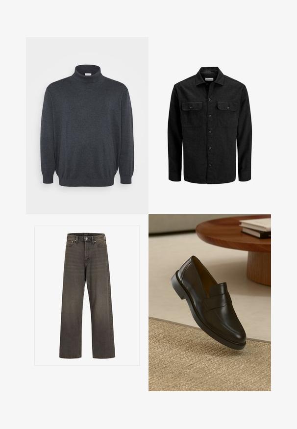 Sort skjorte med knapper lavet af uldblanding, med krave, to brystlommer med klapper og et lige snit.; Jack & Jones JJEBASIC ROLL NECK - Striktrøje - dark grey melange; Bredde ben jeans i mørkegrå denim med høj talje, klassisk fem-lommer design og kontrasterende syninger langs sømmene.; Sorte læder loafers med en glat overflade, en rund tå og en dekorativ rem henover forsiden. Lav gummihæl, sat op mod en struktureret overflade.