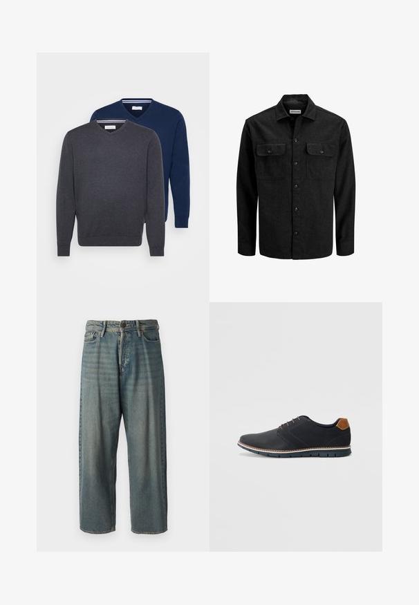 Black button-up shirt made from wool blend, featuring a collar, two chest pockets with flaps, and a straight fit design.; Two V-neck sweaters in dark gray and navy blue, made from a soft fabric with ribbed cuffs and a striped detail inside the neckline.; Light blue denim jeans with a loose fit, mid-rise waist, and straight legs. Features five pockets, belt loops, and a button closure.; Black synthetic shoes with a textured upper, smooth accents, brown heel, and a contrasting sole. Features minimal lacing and stitch details.