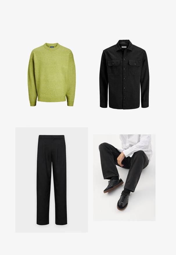 Chemise noire boutonnée en mélange de laine, dotée d'un col, de deux poches poitrine avec rabats, et d'une coupe droite.; Jack & Jones JOROLLIE CREW NECK - Pullover - lima bean green; Pantalons noirs en tissu lisse, avec une coupe droite, deux plis avant et une taille standard avec passants de ceinture.; Sneakers noirs avec un dessus lisse et texturé, dotés d'une semelle en caoutchouc et de lacets sombres. Associés à un jean noir et une chemise blanche à rayures.