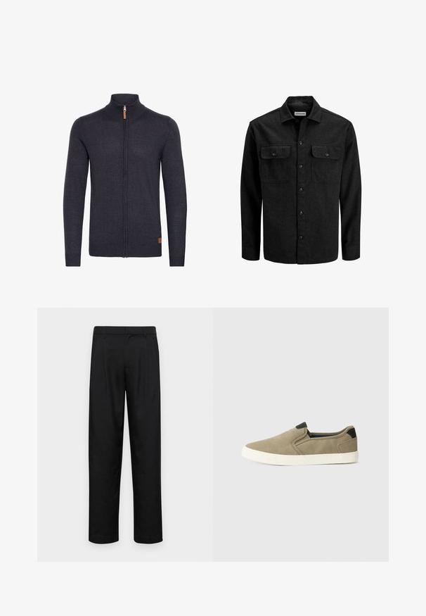 Black button-up shirt made from wool blend, featuring a collar, two chest pockets with flaps, and a straight fit design.; Dark gray knitted cardigan with a high collar, full zip front, ribbed cuffs and hem, featuring a small leather accent near the bottom.; Black trousers made of smooth fabric, featuring a straight-leg design, two front pleats, and standard waistband with belt loops.; Taupe slip-on shoes with a textured fabric upper, contrasting black heel accent, and white rubber sole. Perforated design for breathability.