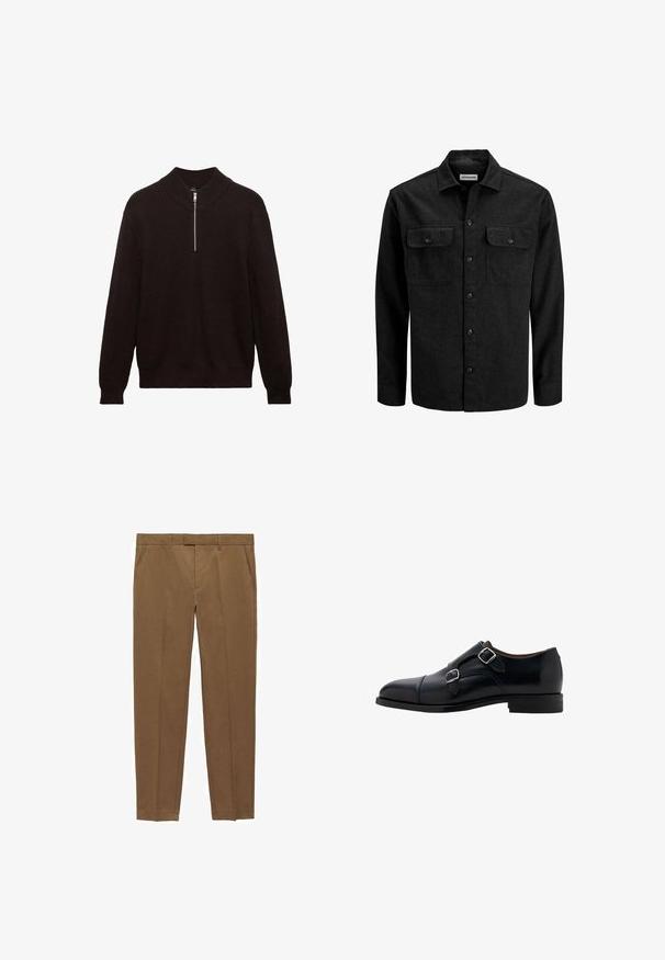 Crna košulja na kopčanje od mješavine vune, s ovratnikom, dva prsna džepa s preklopom i ravnim krojem.; Tamnosmeđi pleteni pulover s visokim ovratnikom, prednjim otvorom na četvrtinu sa patentnim zatvaračem i rebrastom teksturom. Ima duge rukave i ležeran kroj.; Smeđi krojeni hlače od glatkog materijala, s ravnim prednjim dijelom, ravnim nogavicama, petljama za remen i bočnim džepovima.; Crna kožna cipela za odijevanje s dvostrukim kopčama, zaobljenim vrhom i glatkom završnom obradom. Ima nizak potpeticu i elegantan oblik.