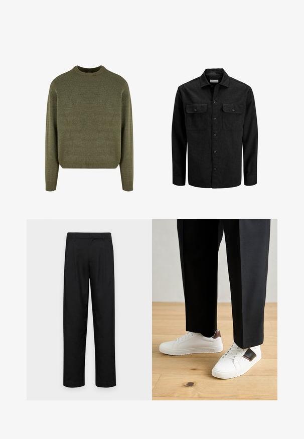 Melnā vilnas maisījuma pogājama krekla ar apkakli, divām krūšu kabatām ar atlokiem un taisnu piegriezumu.; Zaļš vilnas maisījuma džemperis ar apaļu kakla izgriezumu, ribotām piedurknēm un apakšmalu, kā arī mīkstu, teksturētu apdari. Klasisks, brīvs piegriezums ar nolaišanas pleciem.; Melnas bikses, izgatavotas no gludas auduma, ar taisnu kāju dizainu, divām priekšējām krokām un standarta jostu, kurai ir āķi.; Baltā pārsoļa apavi ar gludu tekstūru, papildināti ar brūniem ādas akcentiem un melniem elementiem, savienoti ar melnām pielāgotām biksēm. Koka grīdas fons.