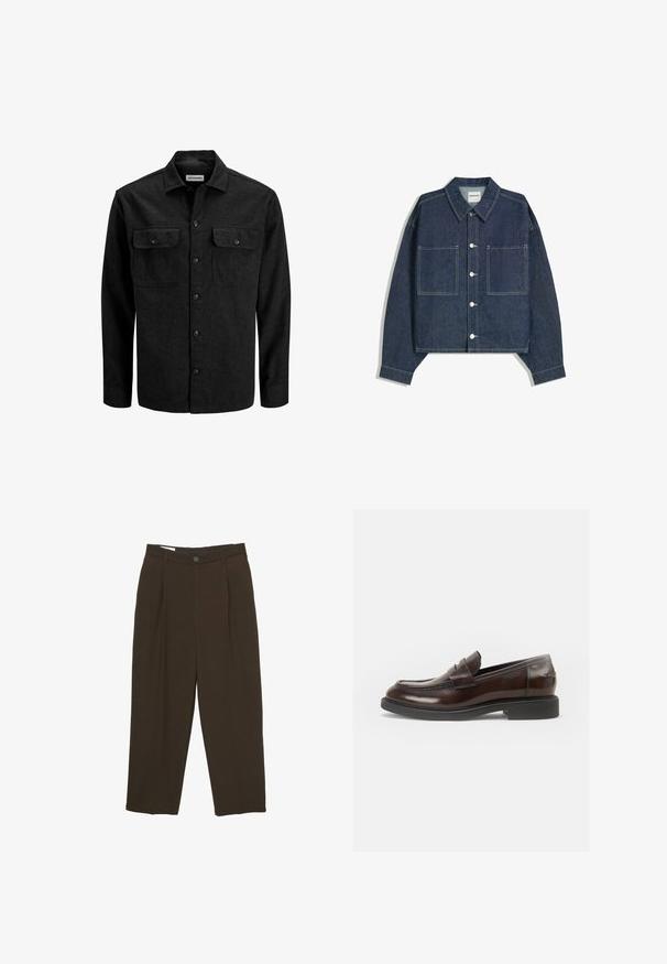 Sort skjorte med knapper lavet af uldblanding, med krave, to brystlommer med klapper og et lige snit.; Mørkeblå denim cropped jakke med spidse krave, to frontlommer og sølvfarvet knaplukning. Har synlige syningsdetaljer.; Mørkebrune skræddersyede bukser med frontfolder, bæltestropper og en knaplukning i taljen.; Vagabond ALEX - Business loafers - chestnut