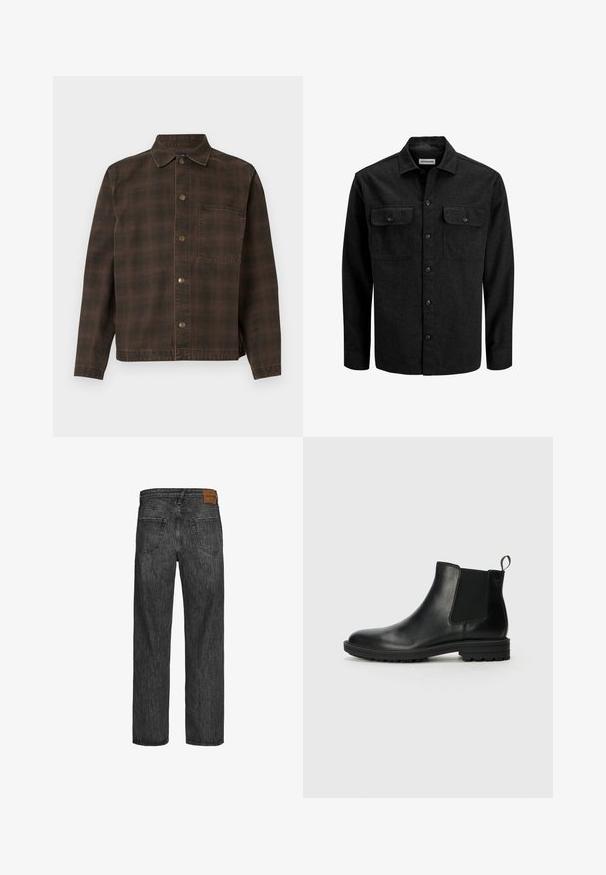 Black button-up shirt made from wool blend, featuring a collar, two chest pockets with flaps, and a straight fit design.; Brown plaid jacket with a button-up front, collar, and single chest pocket. Made of textured fabric with metallic buttons.; Black denim jeans with a straight leg design, five-pocket style, and a brown leather patch at the waistband. Textured fabric with stitching details.; Jack & Jones JFWHOSKINS - Classic ankle boots - anthracite
