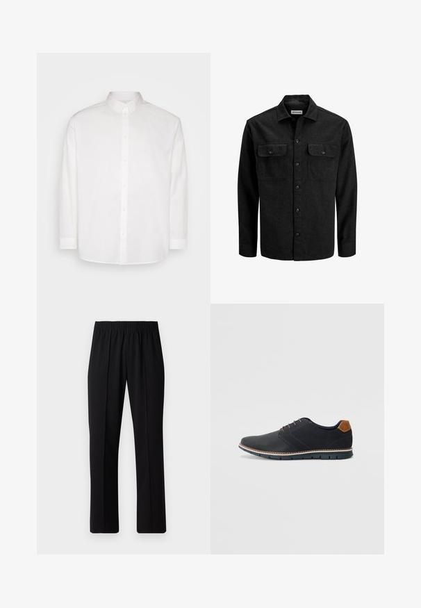Black button-up shirt made from wool blend, featuring a collar, two chest pockets with flaps, and a straight fit design.; Pier One Shirt - white; Black, elastic-waist trousers with a straight-leg design, featuring a smooth texture and no visible patterns or hardware.; Black synthetic shoes with a textured upper, smooth accents, brown heel, and a contrasting sole. Features minimal lacing and stitch details.