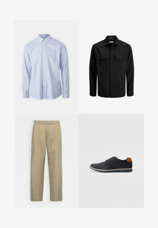 Camisa negra abotonada confeccionada en mezcla de lana, con cuello, dos bolsillos en el pecho con solapas y diseño de corte recto.; Camisa azul de botones, confeccionada con tela ligera, con cuello puntiagudo, mangas largas y un bolsillo en el pecho.; Pantalones beige de cintura alta con corte recto, con frente plano, bolsillos laterales y una tela suave y texturizada.; Zapatos sintéticos negros con un upper texturizado, acentos lisos, tacón marrón y una suela en contraste. Presenta un cordón mínimo y detalles de costura.