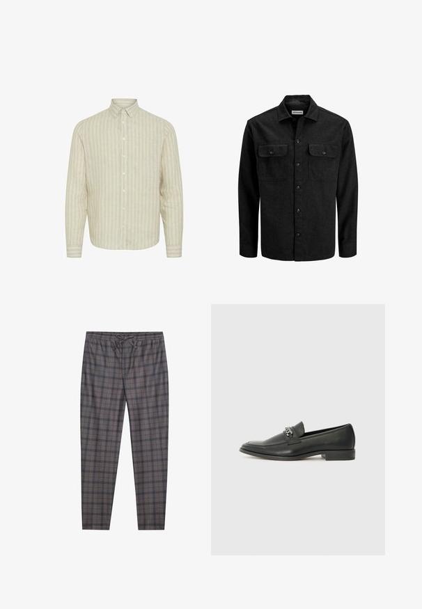 Crna košulja na kopčanje od mješavine vune, s ovratnikom, dva prsna džepa s preklopom i ravnim krojem.; Svetlosmeđi dukserica dugih rukava s vertikalnim prugama. Izrađena od strukturirane tkanine, s dugmadi na prednjem dijelu i kragnom na dugmad.; Sive karirane hlače s elastičnim pojasom i vezicom. Materijal izgleda mekano, s suptilnom teksturom i kontrastnim crnim linijama u uzorku.; Crna kožna loafer cipela s glatkom finišem, s ušivenim uzorkom i dekorativnim metalnim lancem preko prednjeg dijela. Ravni potplat.