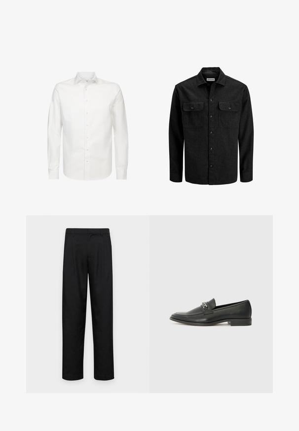 Camicia nera con bottoni in misto lana, caratterizzata da un colletto, due tasche sul petto con patta e un design a taglio dritto.; Camicia bianca a maniche lunghe in tessuto liscio, con colletto classico e chiusura frontale a bottoni. Ha una vestibilità regolare e senza motivi visibili.; Pantaloni neri realizzati in tessuto liscio, caratterizzati da un taglio dritto, due pieghe frontali e una vita standard con passanti per la cintura.; Mocassino in pelle nera con finitura liscia, caratterizzato da un design cucito e da un accento decorativo in catena metallica sul vamp. Tacco piatto.