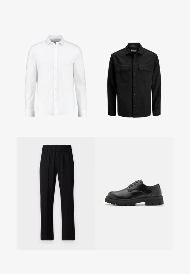 Camicia nera con bottoni in misto lana, caratterizzata da un colletto, due tasche sul petto con patta e un design a taglio dritto.; Camicia bianca a maniche lunghe con bottoni realizzata in cotone morbido. Presenta un collo classico e una chiusura frontale con bottoni, con orlo dritto.; Pantaloni neri con vita elasticizzata e design a gamba dritta, caratterizzati da una texture liscia e senza motivi o hardware visibili.; Scarpe in pelle nera con punta arrotondata, design lace-up e suola in gomma spessa e testurizzata. Presentano una cucitura lungo il bordo e una finitura liscia.