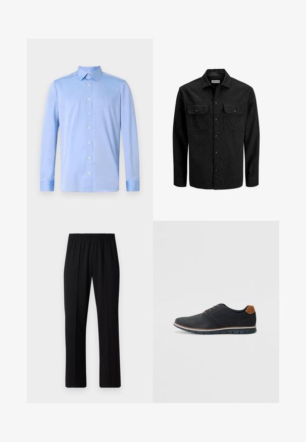 Zwart overhemd met knopen gemaakt van een wollen blend, voorzien van een kraag, twee borstzakken met kleppen en een rechte pasvorm.; Lichtblauwe overhemd met lange mouwen, een klassieke kraag en witte knopen. De stof lijkt glad met een subtiele textuur.; Zwarte, elastische broek met rechte pijpen, met een gladde textuur en zonder zichtbare patronen of hardware.; Zwarte synthetische schoenen met een gestructureerde bovenkant, gladde accenten, bruine hak en een contrasterende zool. Bevat minimale veters en stikdetails.