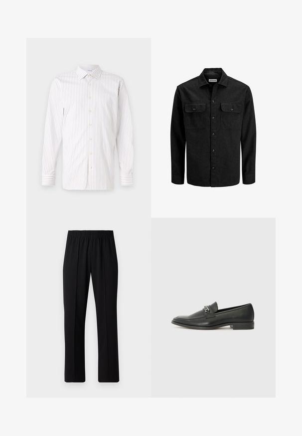 Czarna koszula zapinana na guziki, wykonana z mieszanki wełny, z kołnierzykiem, dwoma kieszeniami na klatce piersiowej z klapkami oraz prostym krojem.; Jasno kolorowa koszula w paski z kołnierzykiem zapinanym na guziki, długimi rękawami i perłowymi guzikami. Posiada naprzemienne cienkie jasne i ciemne paski.; Czarne spodnie z elastycznym pasem o prostym kroju, z gładką strukturą i bez widocznych wzorów czy elementów metalowych.; Czarne skórzane mokasyny o gładkim wykończeniu, z haftowanym wzorem i dekoracyjnym akcentem z metalowego łańcucha na wierzchu. Płaska pięta.
