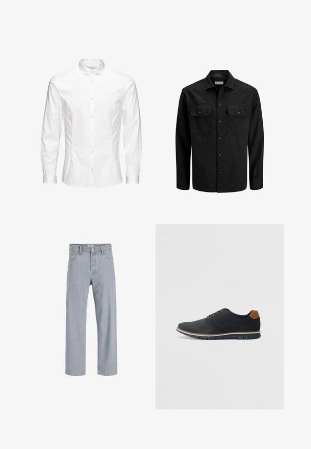 Black button-up shirt made from wool blend, featuring a collar, two chest pockets with flaps, and a straight fit design.; White long-sleeve button-up shirt made of smooth fabric. Features a classic collar, front buttons, and single-button cuffs. Slim fit design.; Light blue denim jeans with a relaxed fit, straight leg design, visible stitching, two front pockets, and a button closure.; Black synthetic shoes with a textured upper, smooth accents, brown heel, and a contrasting sole. Features minimal lacing and stitch details.