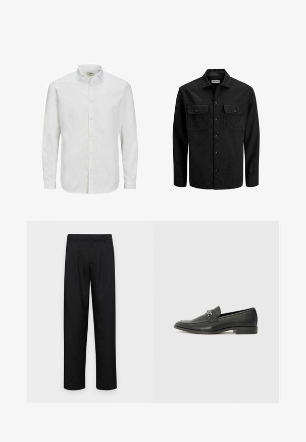 Black button-up shirt made from wool blend, featuring a collar, two chest pockets with flaps, and a straight fit design.; White, long-sleeve button-up shirt made of cotton, featuring a classic collar, straight cut, and subtle texture. Standard button closure.; Black trousers made of smooth fabric, featuring a straight-leg design, two front pleats, and standard waistband with belt loops.; Black leather loafer with a smooth finish, featuring a stitched design and a decorative metal chain accent across the vamp. Flat heel.