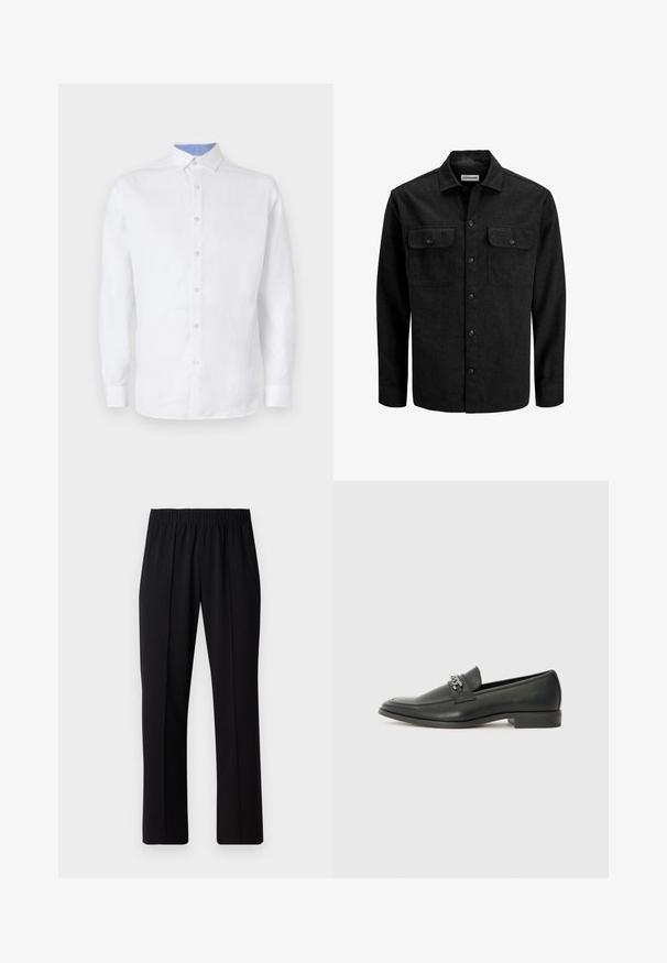 Czarna koszula zapinana na guziki, wykonana z mieszanki wełny, z kołnierzykiem, dwoma kieszeniami na klatce piersiowej z klapkami oraz prostym krojem.; Biała koszula z długim rękawem z przodu na guziki, z jasnoniebieskim wzorem w kratkę wewnątrz kołnierzyka i mankietów. Gładka tekstura materiału.; Czarne spodnie z elastycznym pasem o prostym kroju, z gładką strukturą i bez widocznych wzorów czy elementów metalowych.; Czarne skórzane mokasyny o gładkim wykończeniu, z haftowanym wzorem i dekoracyjnym akcentem z metalowego łańcucha na wierzchu. Płaska pięta.