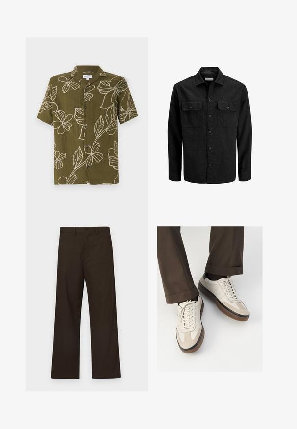 Schwarzes Hemd zum Zuknöpfen aus Wollmischung, mit Kragen, zwei Brusttaschen mit Klappen und geradem Schnitt.; Kurzärmliges olivgrünes Hemd mit weißer Blumenstickerei, durchgehender Knopfleiste und lockerer Passform. Weicher Stoff, lässiges Design geeignet für warmes Wetter.; Braune, weit geschnittene Hose aus Baumwollmischung mit vorderer Knopfverschluss und minimalen Details für ein schlichtes Design.; Beige Sneakers mit einer strukturierten Wildlederfront, glatten Lederseiten und einer braunen Gummisohle. Bändel und helle Nähdetails sind enthalten.