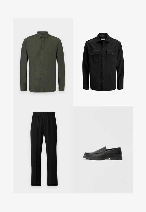 Schwarzes Hemd zum Zuknöpfen aus Wollmischung, mit Kragen, zwei Brusttaschen mit Klappen und geradem Schnitt.; Dunkelgrünes Langarmhemd mit Kragen, flach auf einem weißen Hintergrund präsentiert.; Schwarze, Gummibund-Hosen mit geradem Schnitt, die eine glatte Textur aufweisen und keine sichtbaren Muster oder Beschläge haben.; Schwarze Lederloafers mit glatter Oberfläche, Mokassin-oberteil, genähten Details und Gummisohle. Klassisches Design mit niedrigem Absatz.