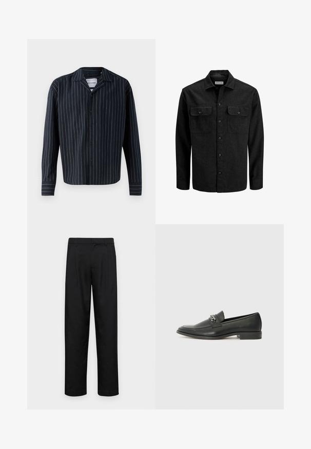 Mustast villasegust valmistatud nööbitav särk, millel on krae, kaks rinnataskut klappidega ja sirge lõige.; Tumedast sinine nööpidega särk, millel on vertikaalsed valged ja beežid triibud, krae, pikad varrukad ja otsekeskkäik. Pehme kangatekstuur.; Mustad mustadest riietest, millel on sirge jalgade disain, kaks eesmist voltimist ja tavaline vöökoht, millel on vöökohad.; Must haveate nahkking punased, millel on sile viimistlus, tikitud muster ja dekoratiivne metallkett vampi üle. Tasane konts.