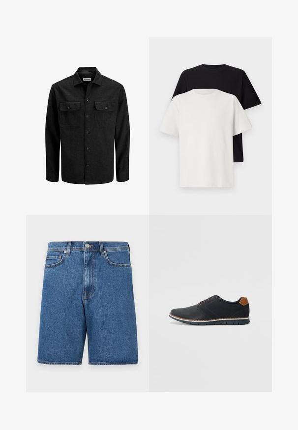 Melnā vilnas maisījuma pogājama krekla ar apkakli, divām krūšu kabatām ar atlokiem un taisnu piegriezumu.; Kokvilnas T-kreklu komplekts, kas sastāv no melna un baltā T-krekla, abi ar īsām piedurknēm, apaļu kakla izgriezumu un standarta piegriezumu. Faktūras audums.; Denim šorti vidēji zilos toņos ar klasisku piecu kabatu dizainu, izšūtām detaļām un taisnu piegriezumu.; Melni sintētiskie apavi ar struktūru augšdaļā, gludu akcentu, brūnu papēdi un kontrastējošu zoli. Iezīmē minimālu šņorēšanu un šuvju detaļas.